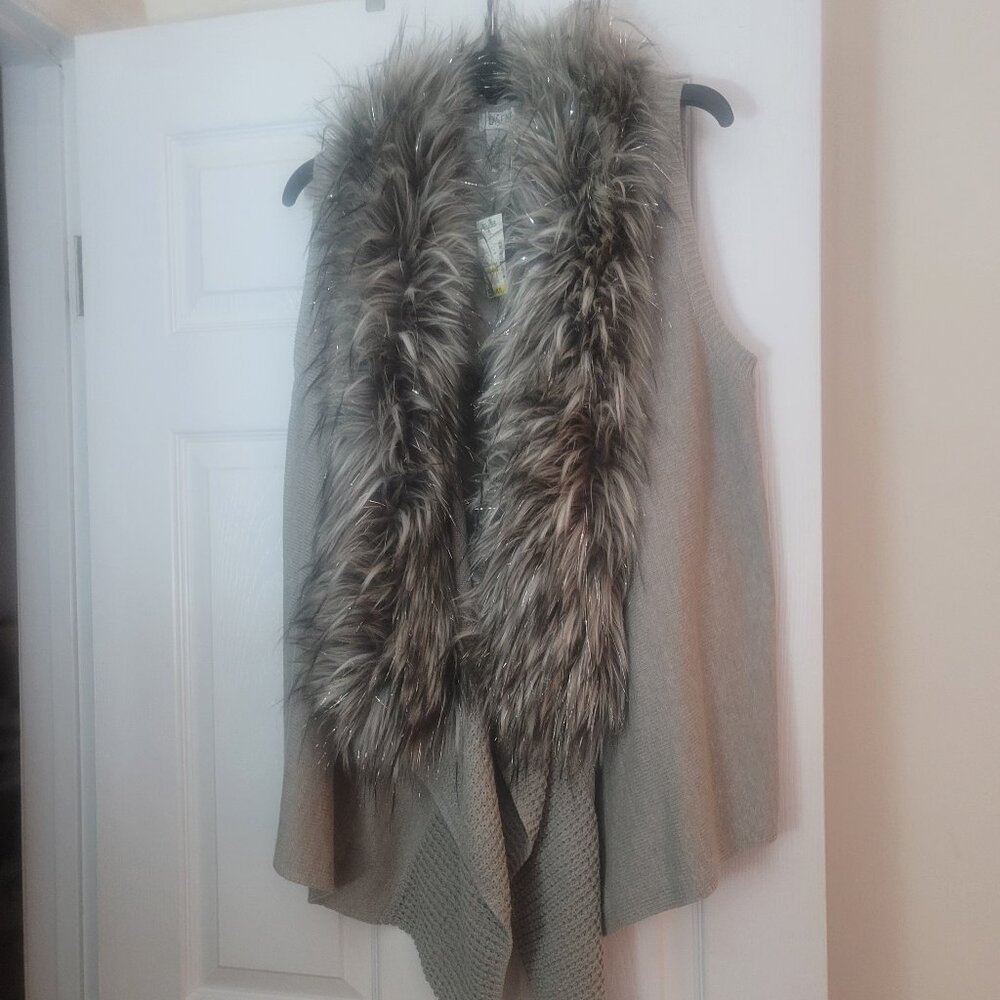 Gray Sweater Vest with detachable Fux fur collar.